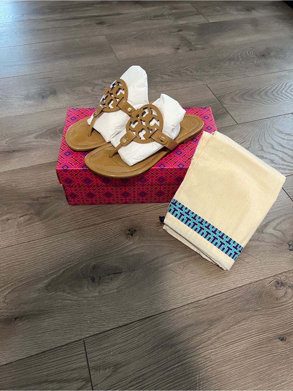 Tory Burch Miller Patent Calf Leather Logo Sandals